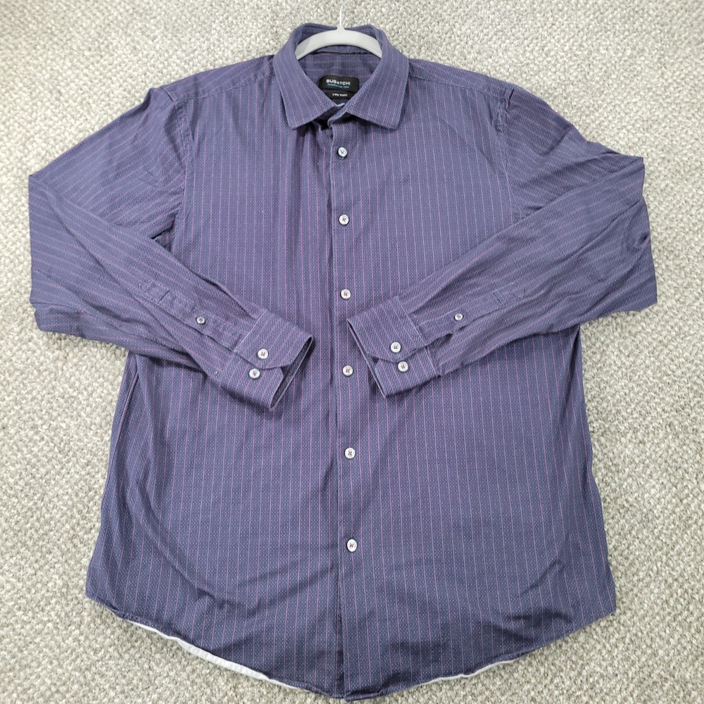 Bugatchi OoohCotton Tech Shirt Mens Large Navy Blue Pink Check 8 Way Stretch